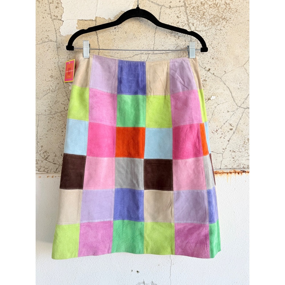 Isaac Mizrahi Patchwork Suede Leather Mini Skirt Multi Color Checkerboard Y2K 6